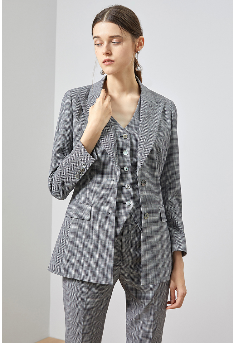 時(shí)尚氣質(zhì)灰色格子女西服三件套收腰瘦街拍職